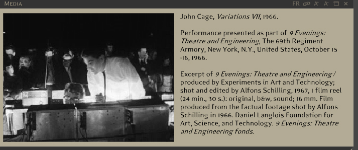 John Cage, Variations VII, 1966. Performance presented as part of 9 Evenings: Theatre and Engineering, The 69th Regiment Armory, New York, N.Y., United States, October 15-16, 1966.