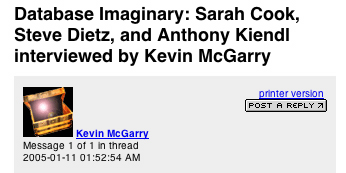 Database Imaginary: Sarah Cook, Steve Dietz, and Anthony Kiendl interviewed by Kevin McGarry